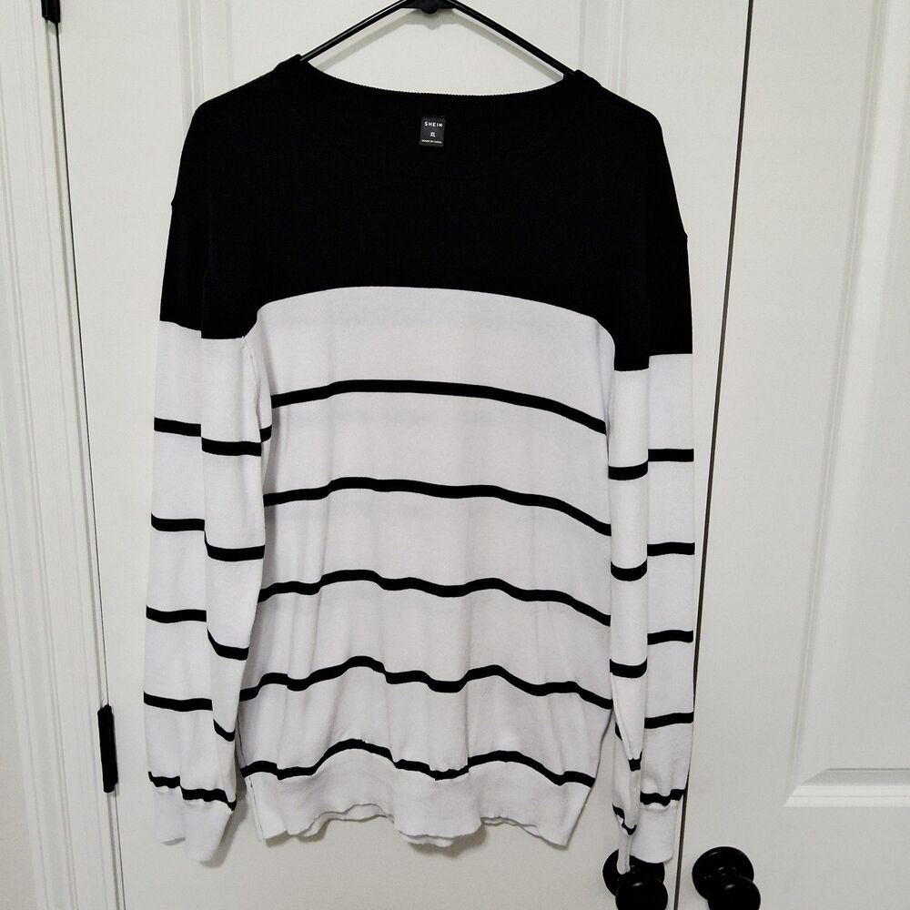 Shein Men's Black & White Color-block Striped Round-neck Sweater Size X-Large